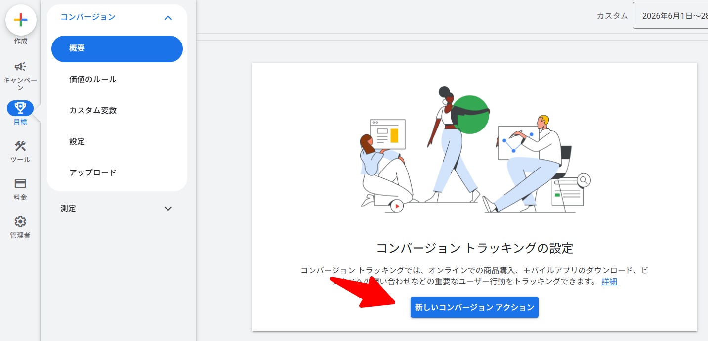 管理画面の左側メニューから「目標 > コンバージョン > 概要」を開く