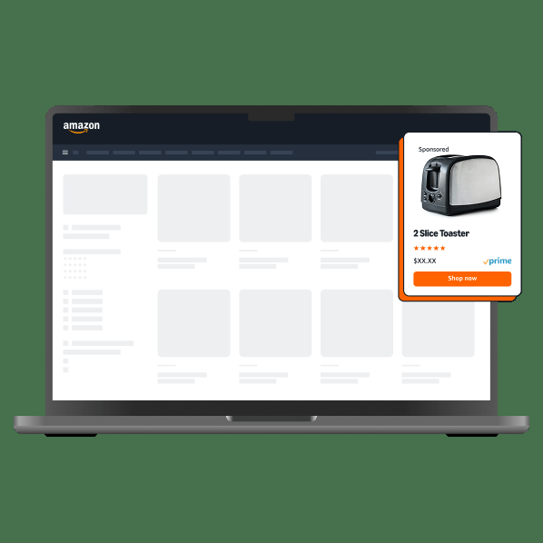 Amazon公式のスポンサープロダクト広告イメージ。商品画像、商品名、価格、レビューとSponsored表記のあるトースターの商品カード。