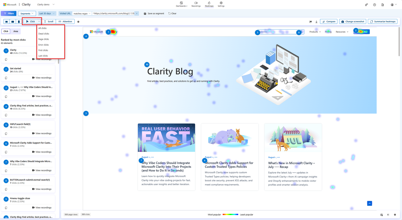 Clarity公式デモのクリックヒートマップ。ページ上のクリック位置を色で重ね、左側に要素ごとのクリック数を表示している。