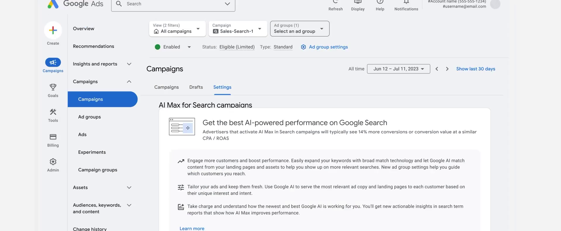 Google広告の管理画面に表示されるAI Max for Search campaignsの設定パネル。「Get the best AI-powered performance on Google Search」の見出しと、有効化で平均14%のコンバージョン増という説明が表示されている