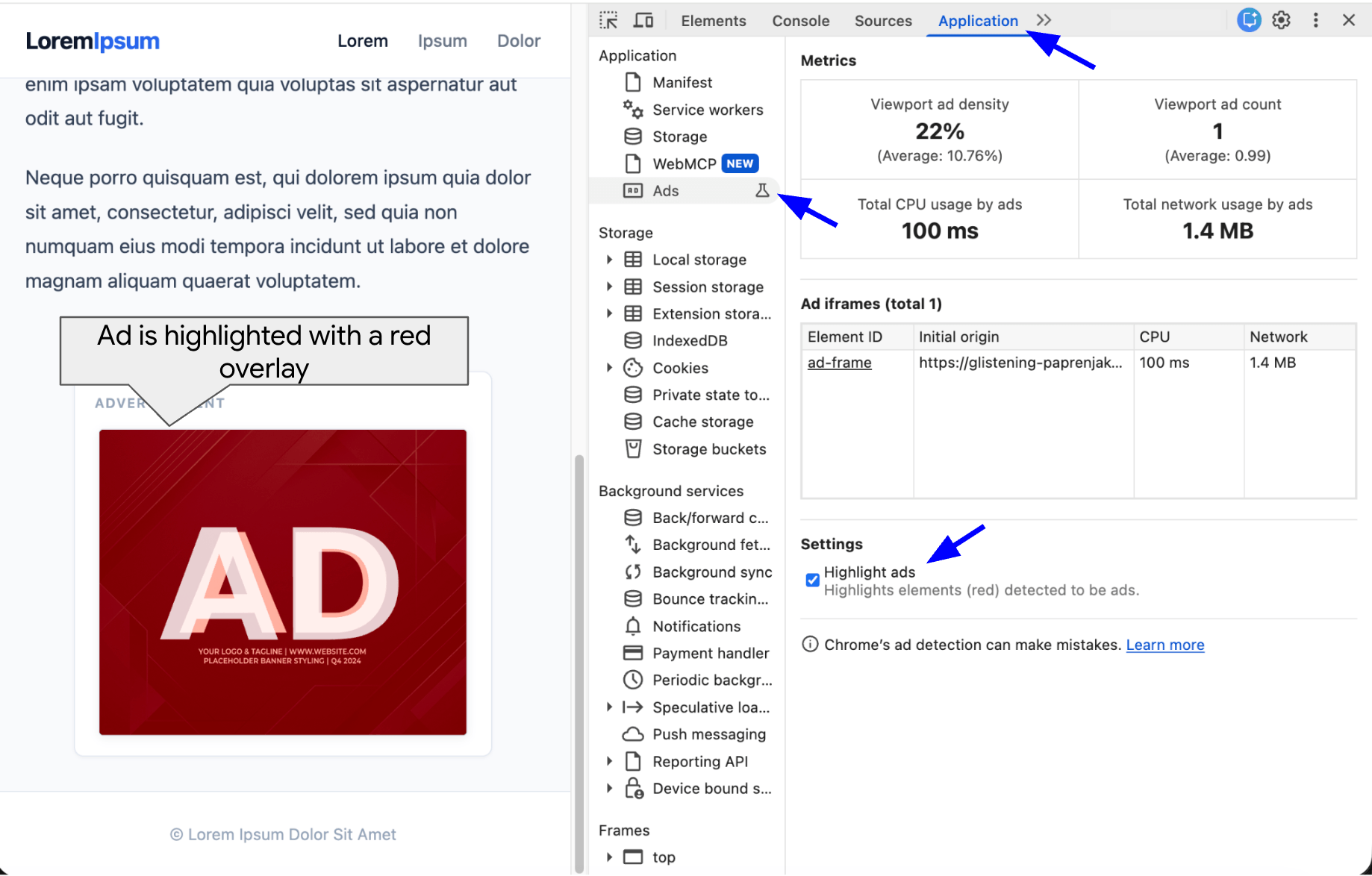 Chrome DevToolsでHighlight adsを有効にし、広告と判定された領域を赤く表示した公式画面例
