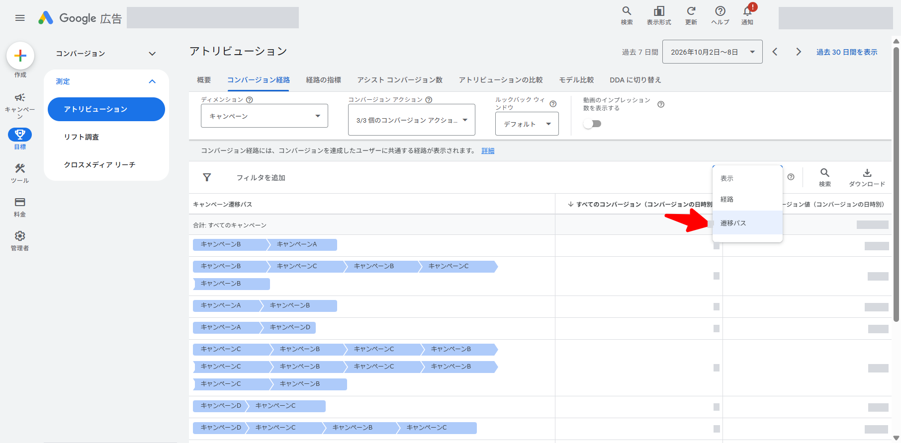 表示メニューを開き、「経路」と「遷移パス」のうち遷移パスを選ぼうとしている画面。表ではキャンペーンBとキャンペーンCが交互に並ぶ経路が表示されている