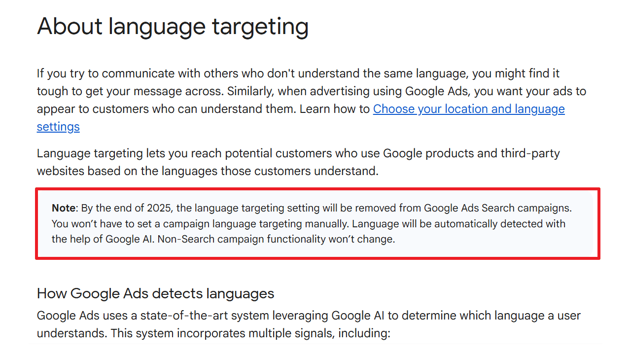 Google広告ヘルプの英語ページAbout language targeting。赤枠で囲まれた注記に、2025年末までに検索キャンペーンから言語ターゲティングの設定が削除され、言語はGoogle AIが自動的に判定するようになること、検索以外のキャンペーンの挙動は変わらないことが書かれている。