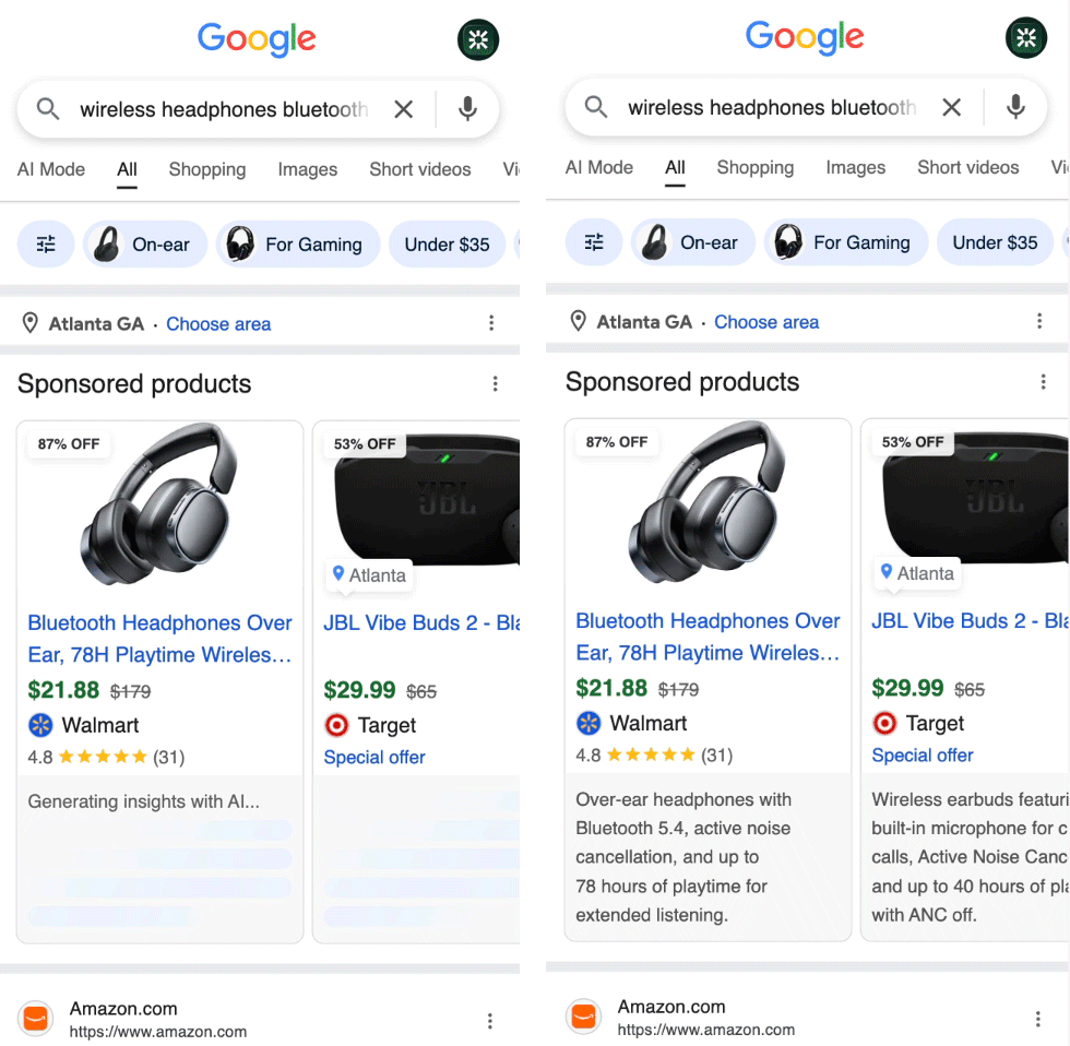 Google検索のショッピング広告を左右に並べた比較画像。左側は商品カードの下にGenerating insights with AIと表示され、右側では同じ位置にヘッドホンの仕様を説明する英文が生成されている。