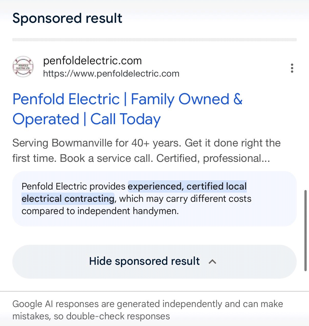Google検索の広告枠Sponsored result。電気工事会社の広告文の下にAIが生成した補足説明が水色の枠で表示され、最下部にGoogle AIの回答は独立して生成され誤りを含みうるため確認するよう促す英文の注意書きが添えられている。