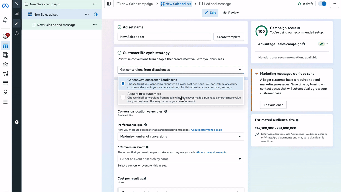 Meta広告マネージャの広告セット編集画面。Customer life cycle strategyのプルダウンが開き、Get conversions from all audiencesとAcquire new customersの2つの選択肢と、それぞれの説明が表示されている
