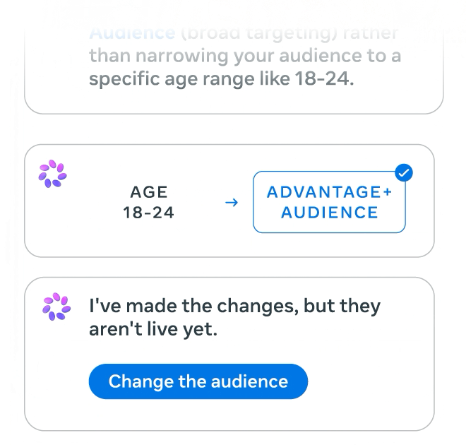 Meta AI business assistantの会話のイメージ図。AGE 18-24からADVANTAGE+ AUDIENCEへの変更が示され、変更はまだ反映されていないという文と、Change the audienceのボタンが表示されている