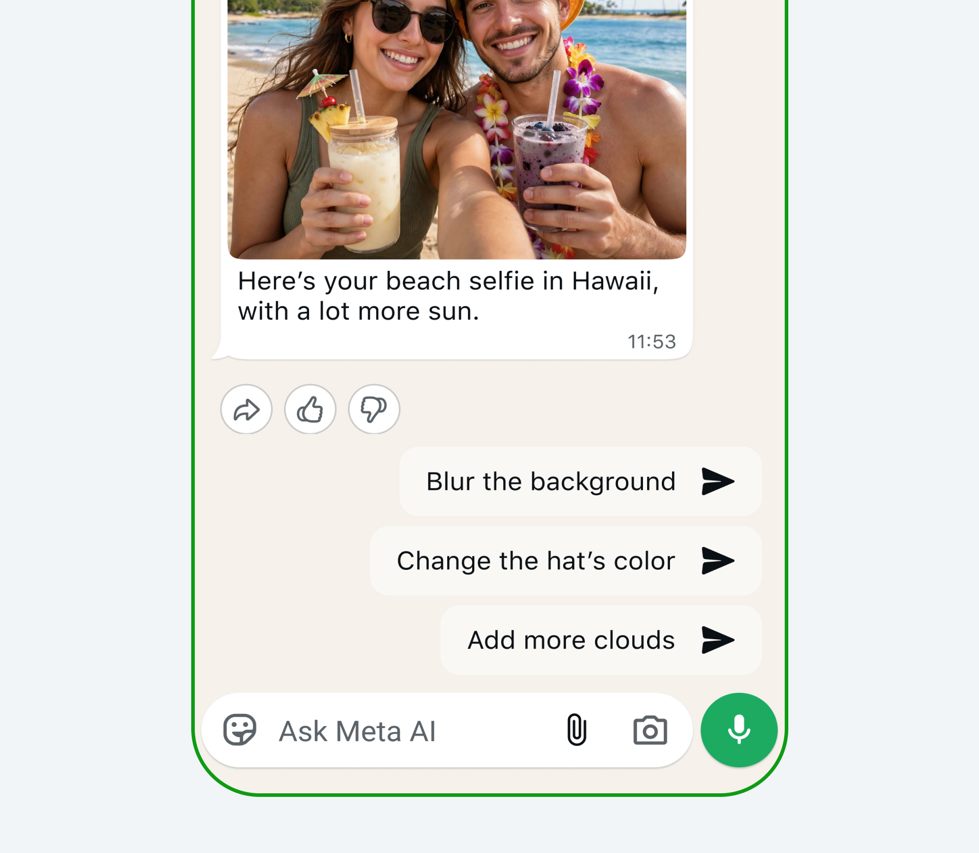 WhatsApp上のMeta AIで画像を編集する例。「背景をぼかす」「帽子の色を変える」といった指示を自然言語で対話的に加えられる