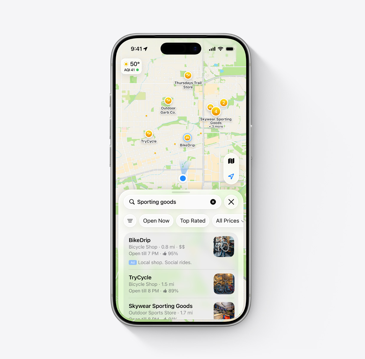 Appleマップの検索結果画面。「Sporting goods」の検索に対し、リスト最上位のBikeDripに「Ad」ラベルが付いて表示されている