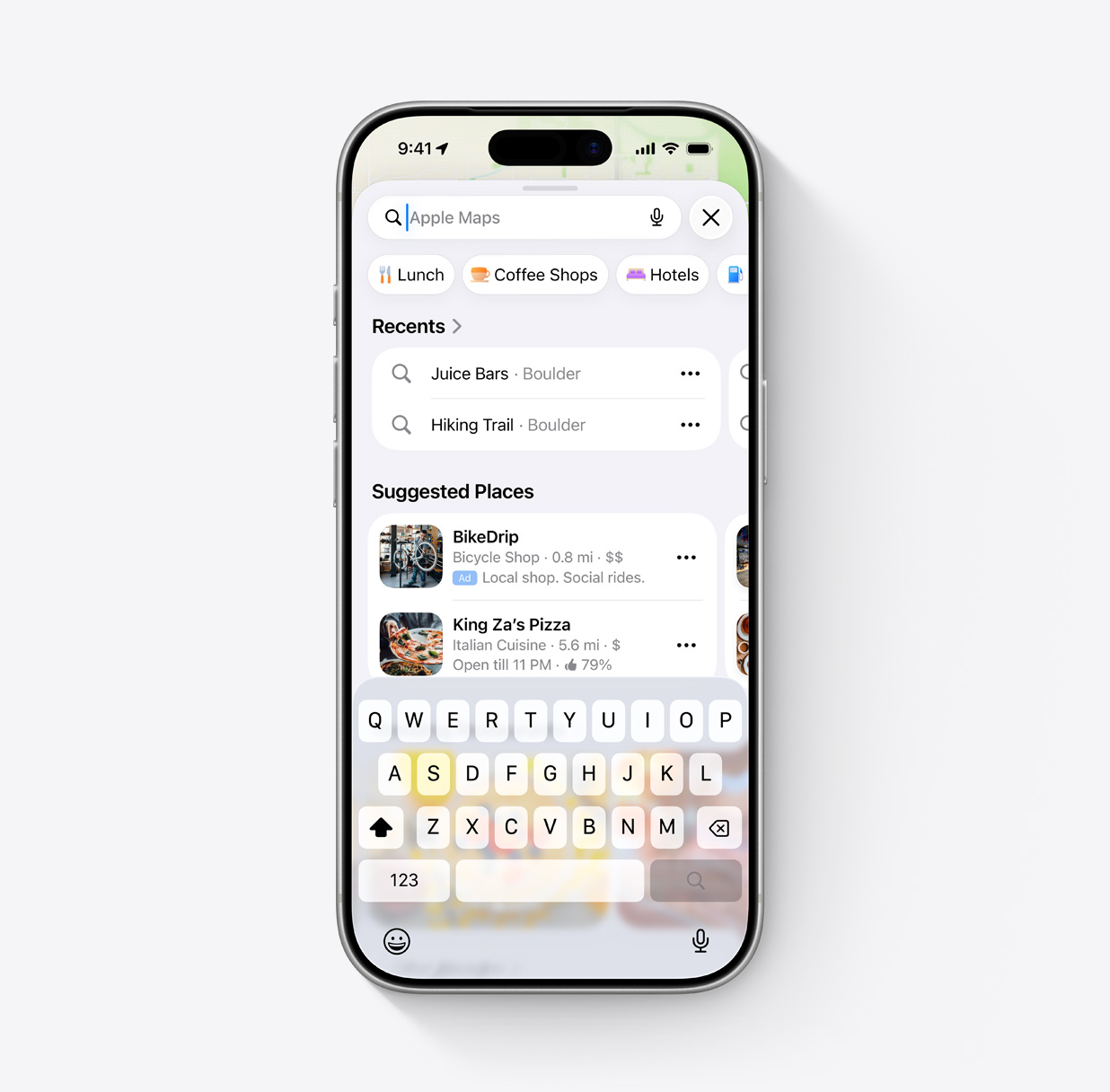 Appleマップの検索前の画面。「Suggested Places」の一覧の先頭にBikeDripが「Ad」ラベル付きで表示されている