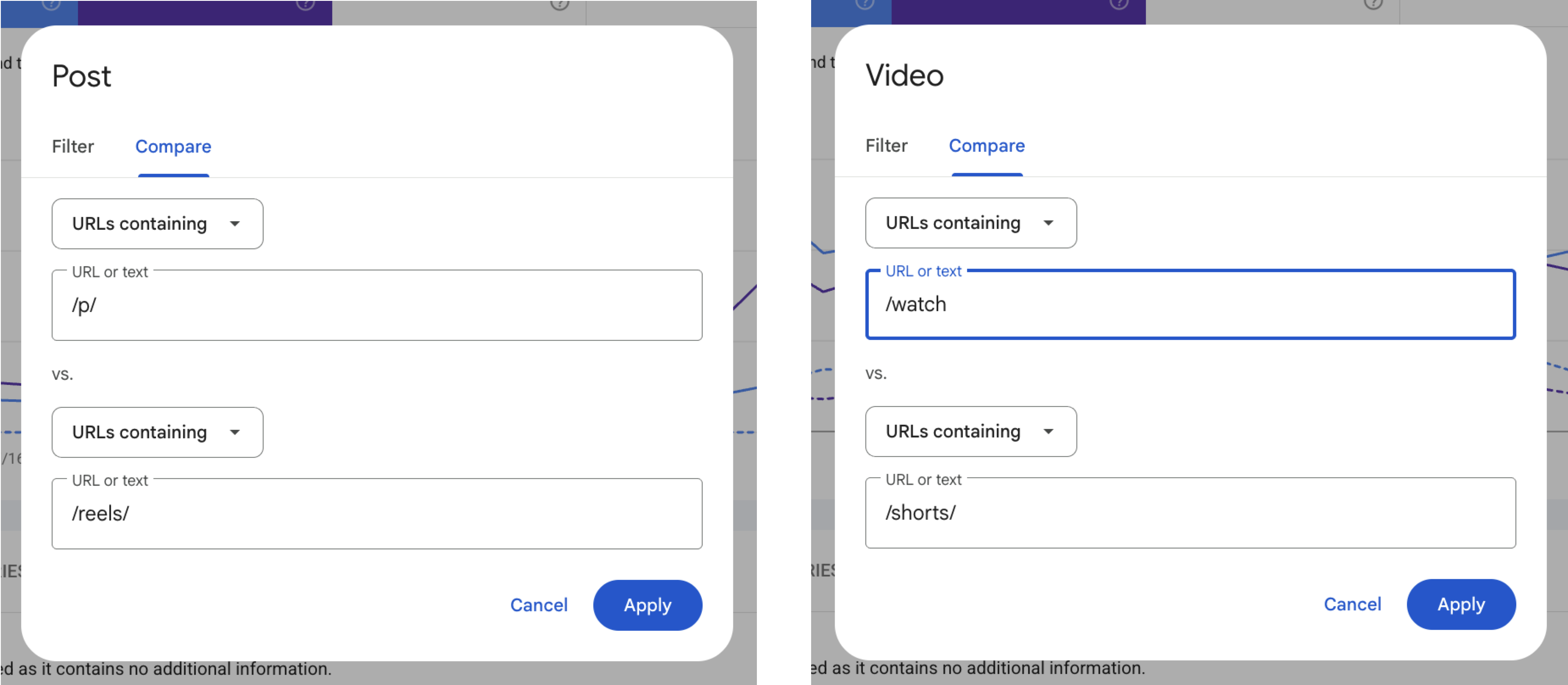 Search Consoleのパフォーマンスレポートの比較ダイアログ2枚。左はInstagramプロパティで「URLs containing /p/」と「URLs containing /reels/」を比較する設定、右はYouTubeプロパティで「URLs containing /watch」と「URLs containing /shorts/」を比較する設定が入力されている